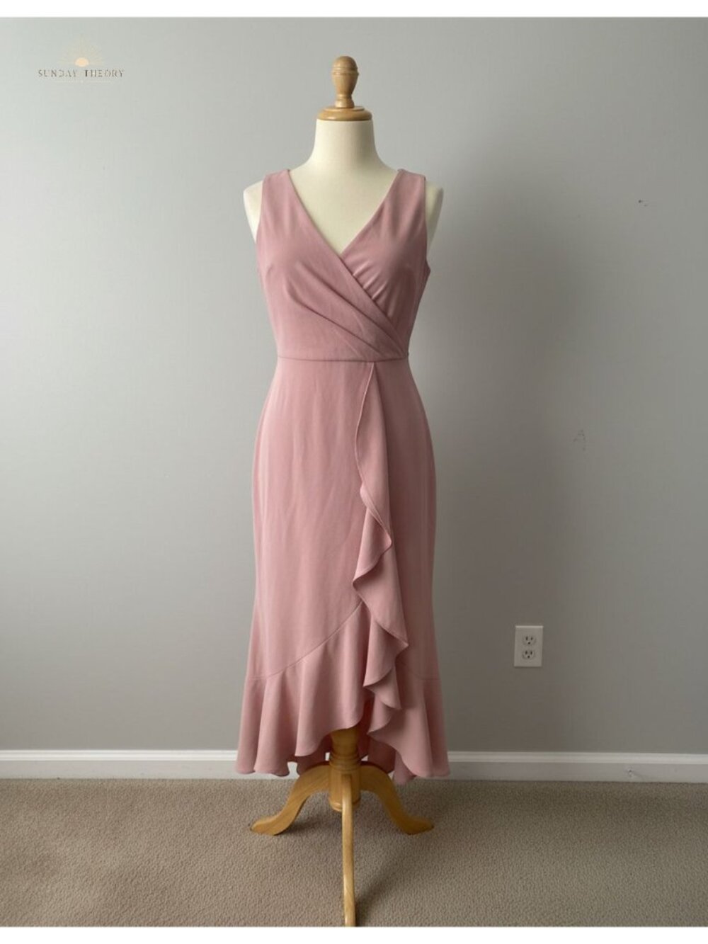 Women's Sleeveless V-Neck Faux Wrap Ruched Midi Dress Ruffle Hem Cocktail Party